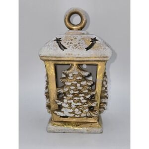 Vintage Christmas Ceramic Gold & White Lantern Tea Light Votive Holder 6.5"